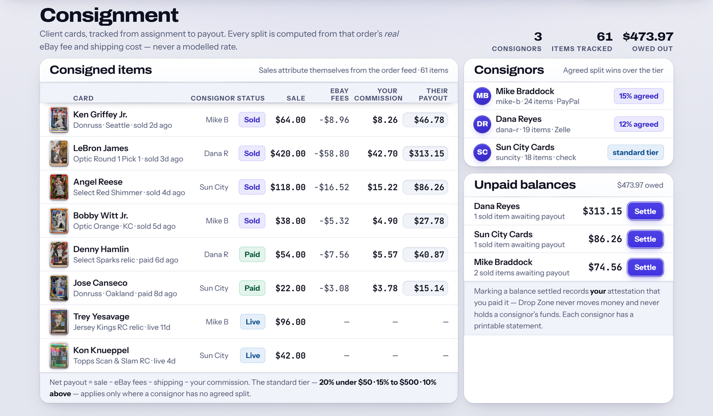 Consignment: each consignor&rsquo;s cards, sales, real eBay fees, commission and payout owed. Sample data.