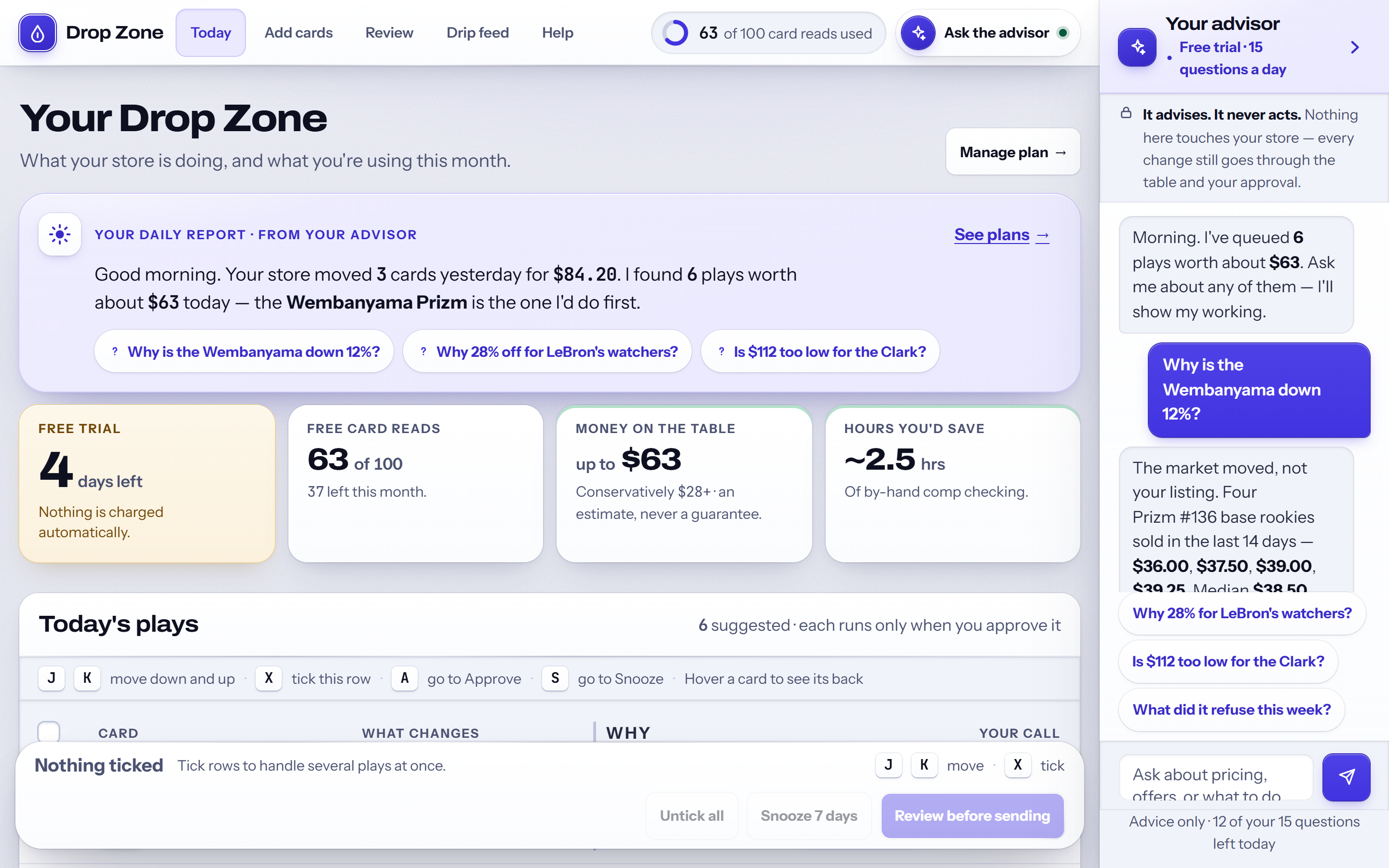 The tenant dashboard: plan usage this month and what the engine did on the store overnight. Sample data.