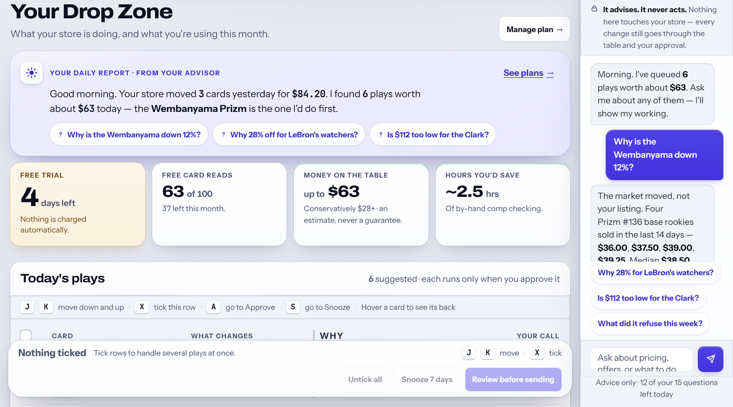 Your daily report: what the store did yesterday and today's proposed plays, each waiting for your approval. Sample data.
