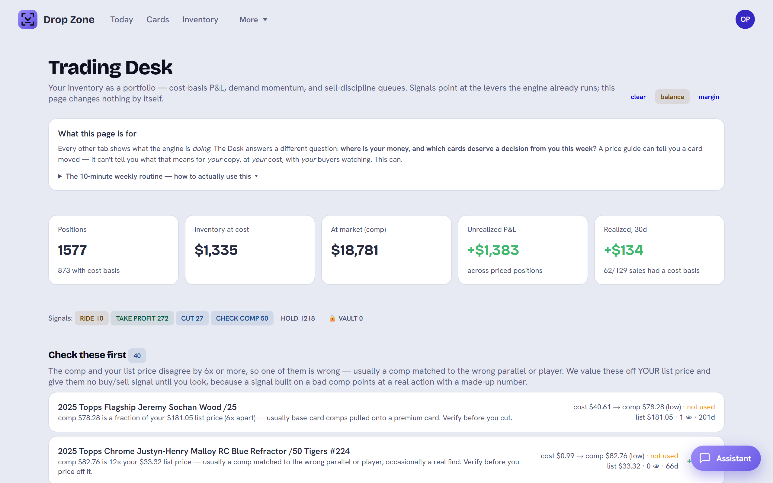 Trading desk: inventory as a portfolio — cost-basis P&L and sell-discipline queues. Sample data.