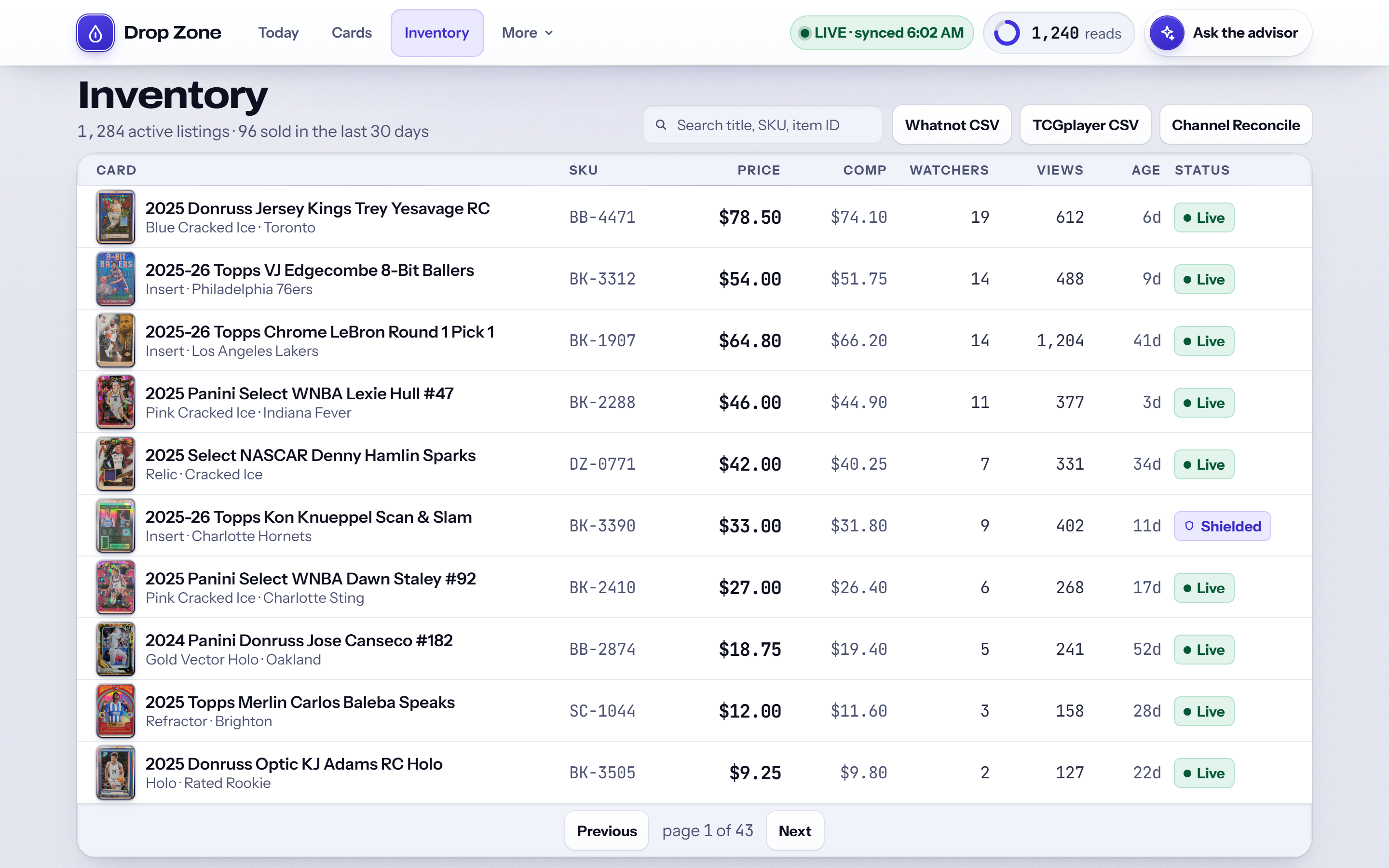 Inventory: every card on hand with its location, cost basis and current listing state. Sample data.