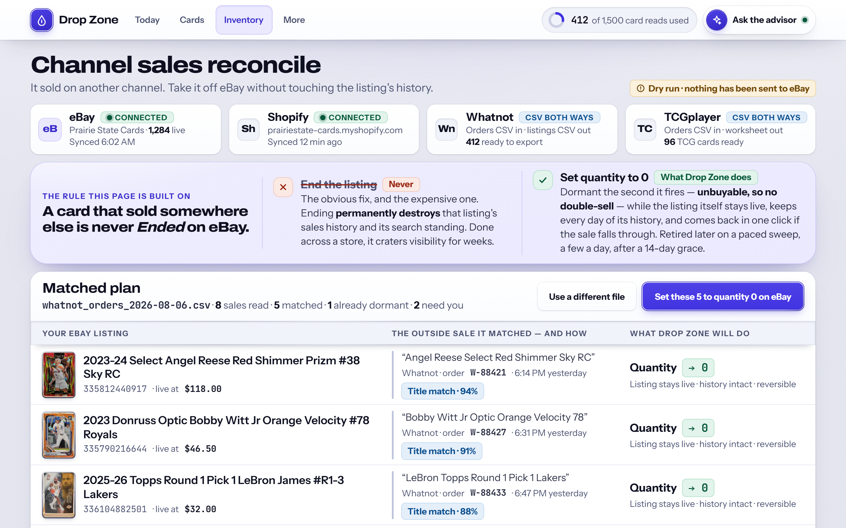 Channel sales reconcile: eBay, Shopify, Whatnot and TCGplayer, with sold-elsewhere cards set to quantity zero instead of ended. Sample data.
