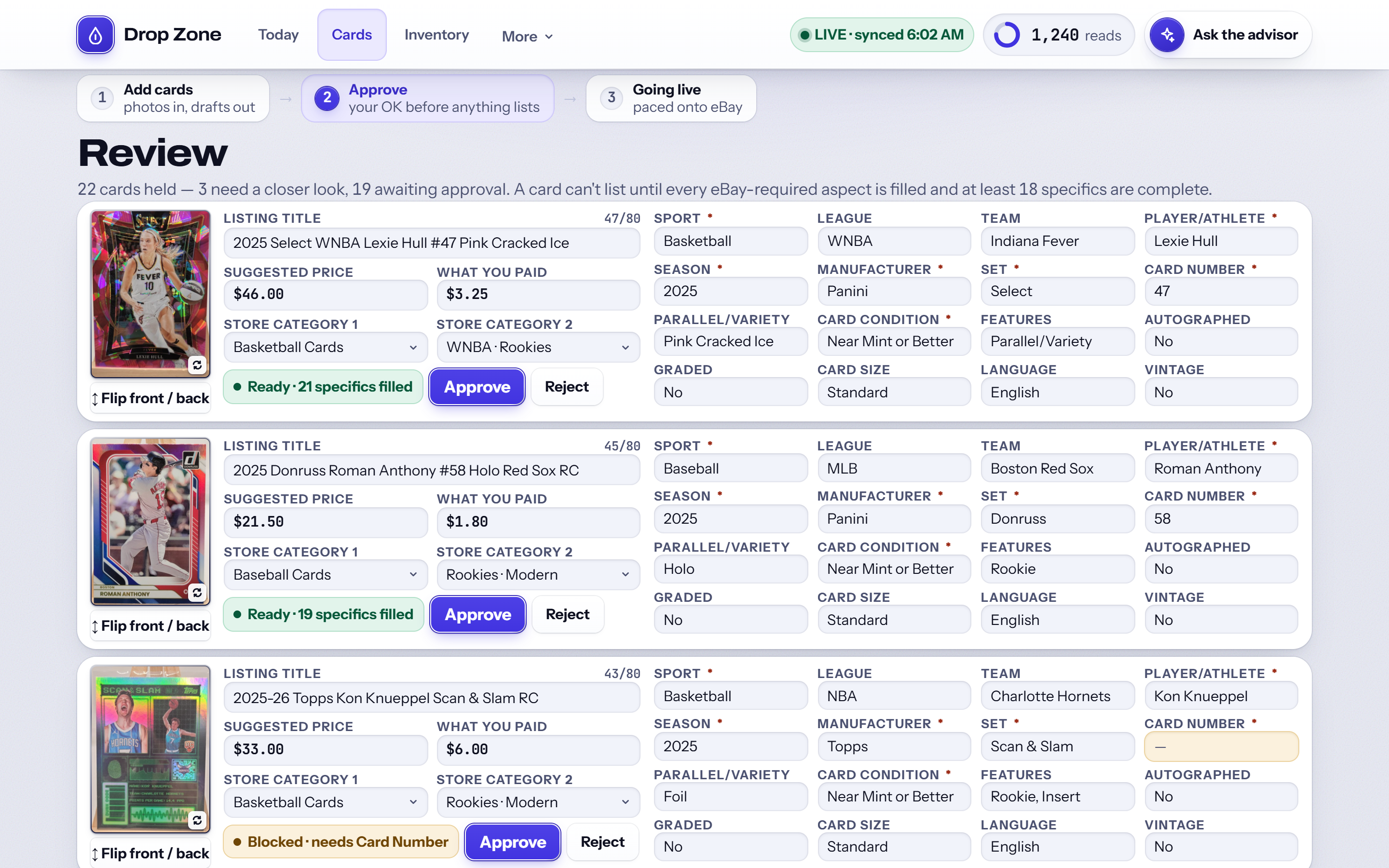 Review: an identified card with its title, item specifics and comp, ready to approve or hold. Sample data.