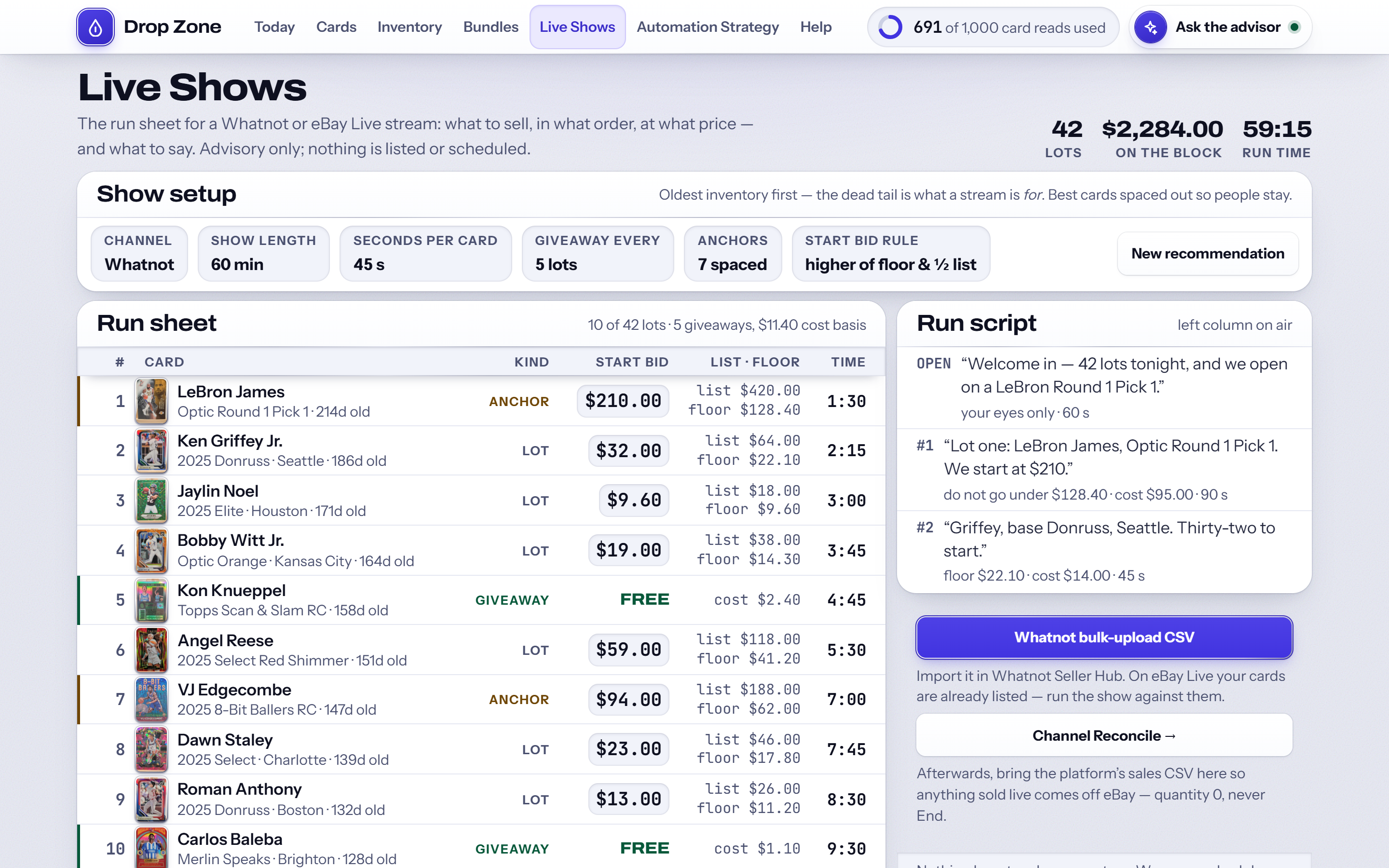 Show planner: cards grouped into lots and segments for a live selling show. Sample data.