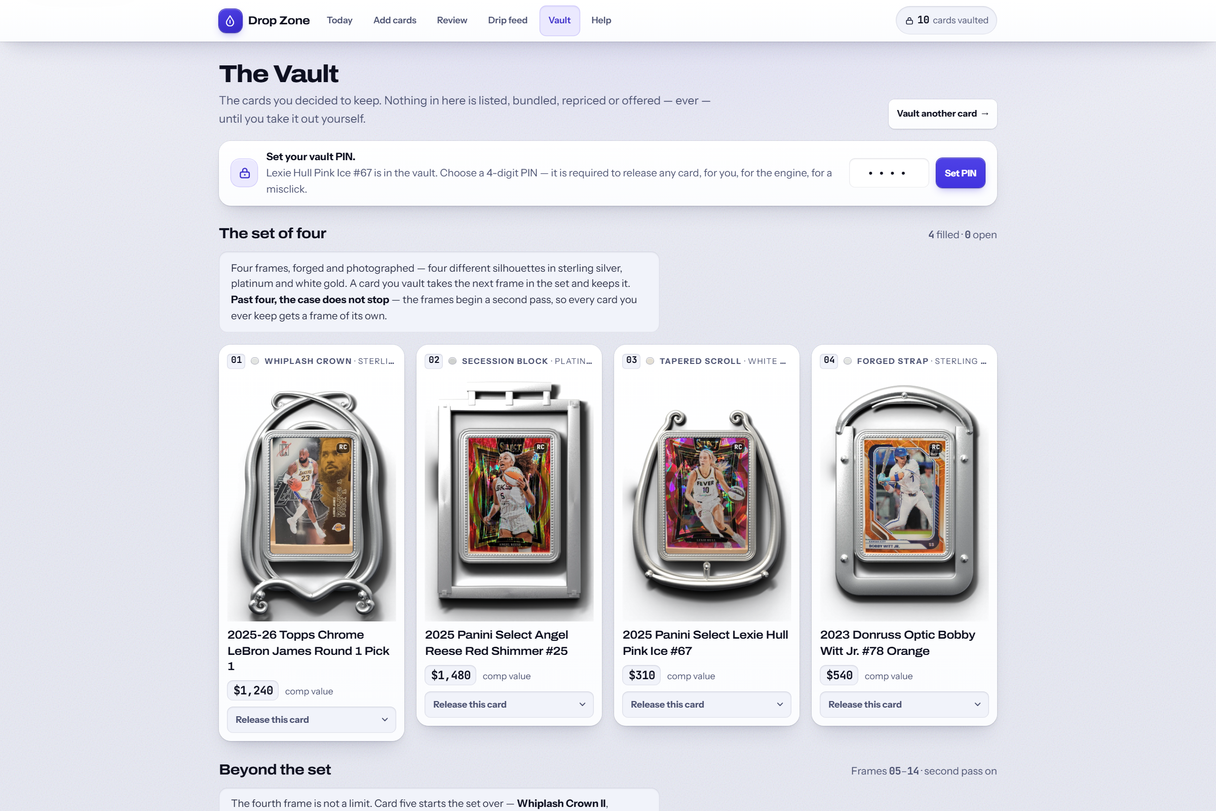 Setting the vault PIN after a card is placed — required to release anything, with no bypass. Sample data.