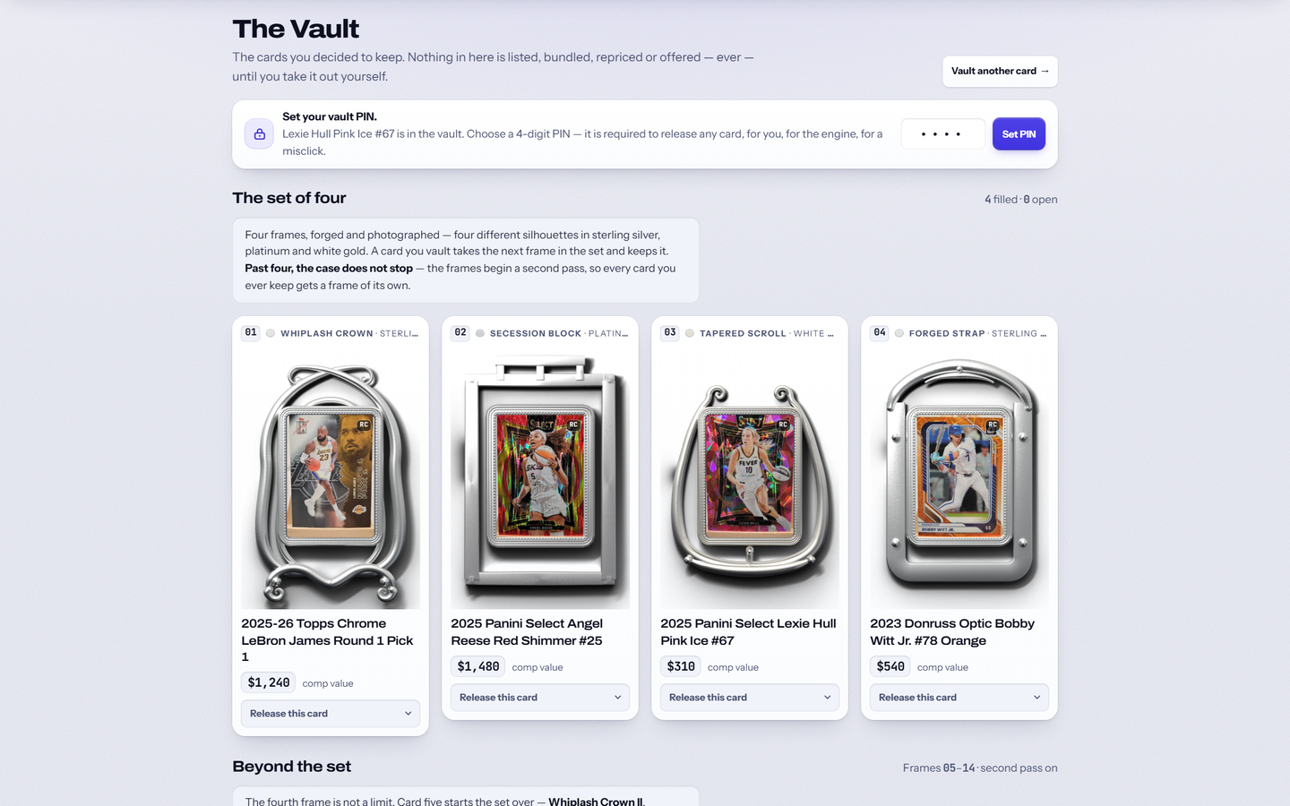 The Vault: kept cards in forged display frames, PIN-protected and excluded from all automation. Sample data.